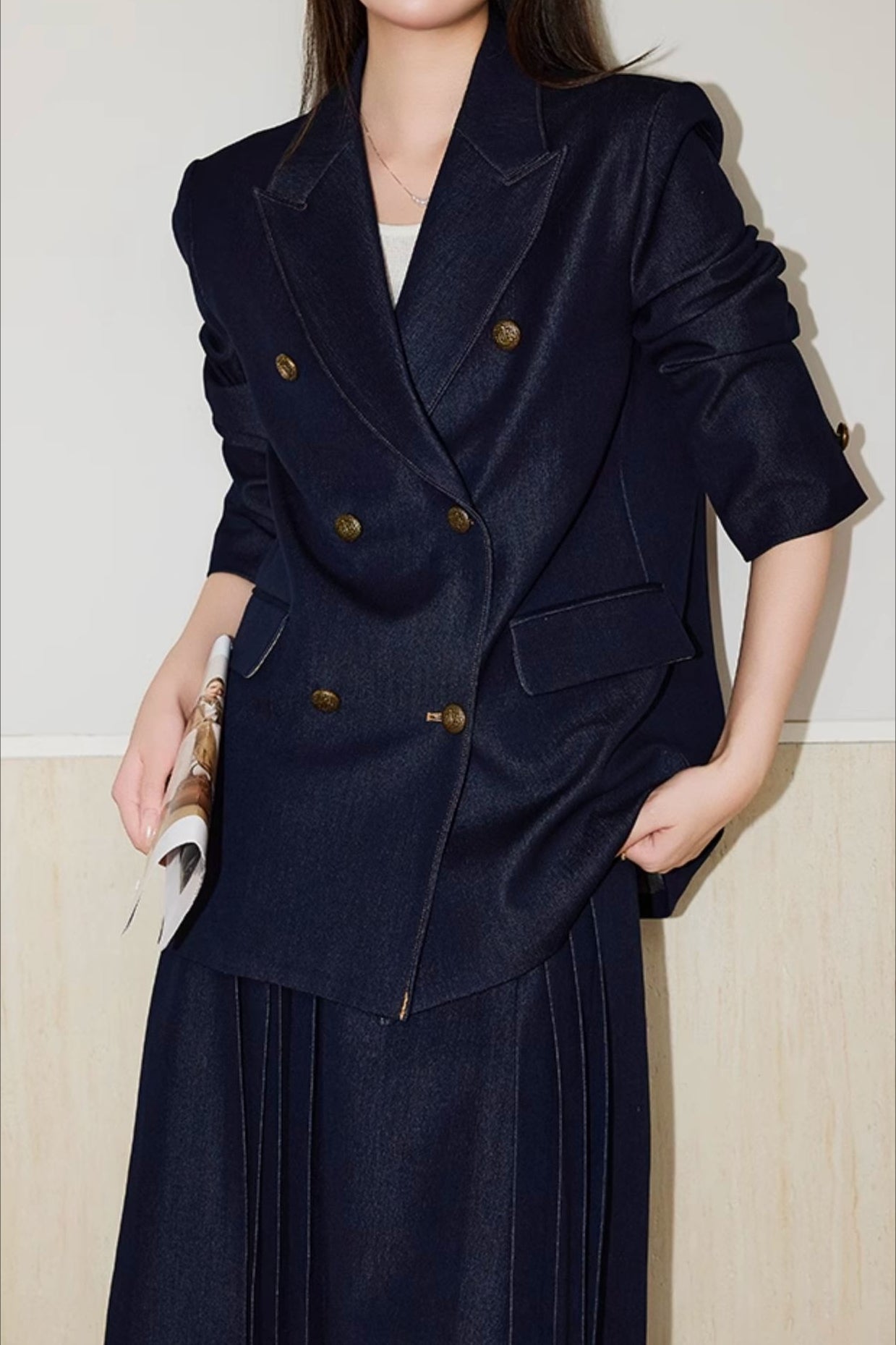 Textured Double Breasted Two Piece Blazer Skirt Set