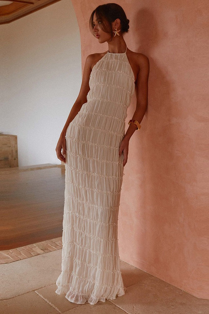 Halter Neck Horizontal Shirred Smocked Column Maxi Dress
