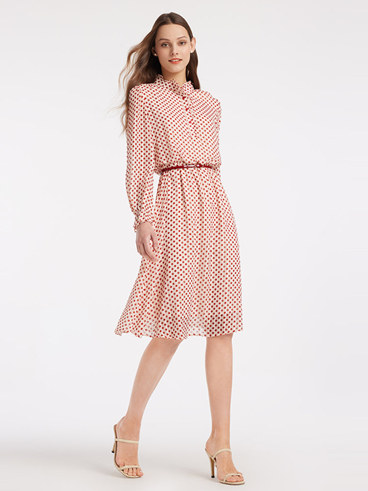 Polka Dot Mock Neck Button Front Ruffle Cuff Fit and Flare Midi Dress