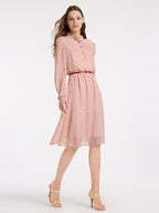 Polka Dot Mock Neck Button Front Ruffle Cuff Fit and Flare Midi Dress