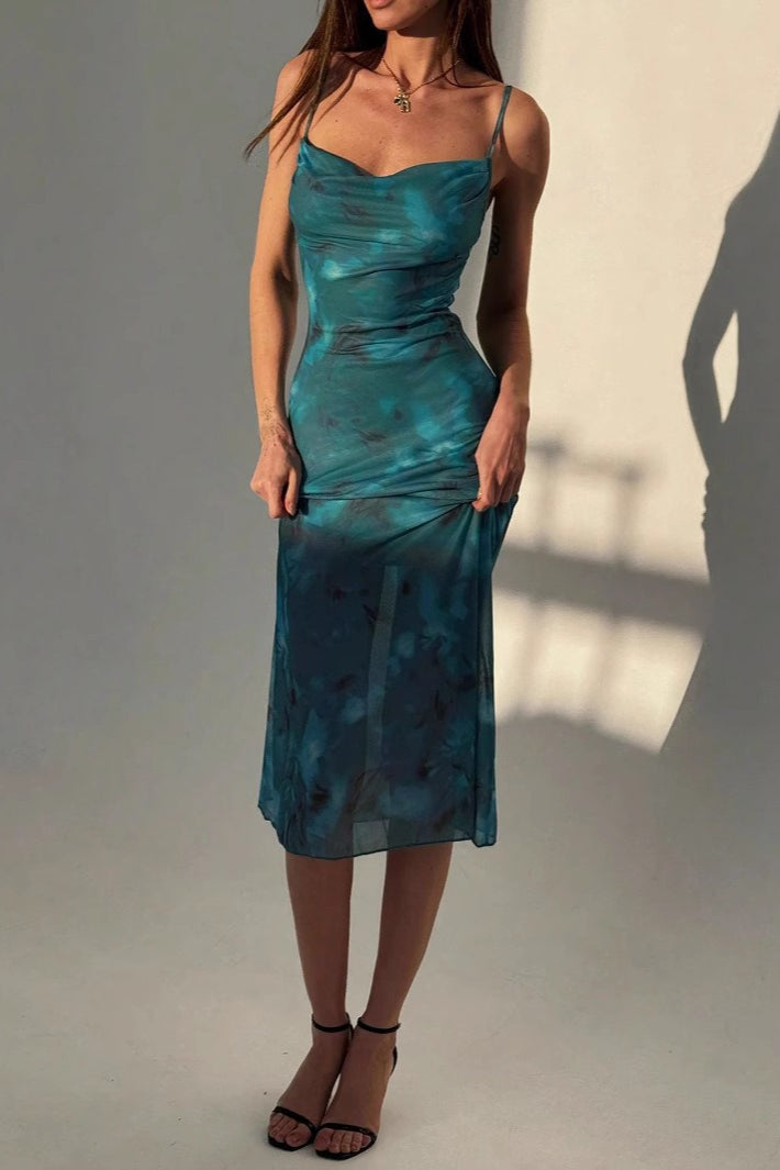 Green Cowl Neck Spaghetti Strap Abstract Marble Print Sheer Hem Midi Dress