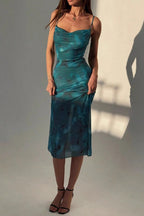 Green Cowl Neck Spaghetti Strap Abstract Marble Print Sheer Hem Midi Dress