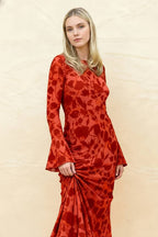 Velvet Burnout Floral Bell Sleeve Crew Neck Bodycon Maxi Dress