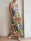 Patchwork Paisley Print Halter Neck A-Line Maxi Dress