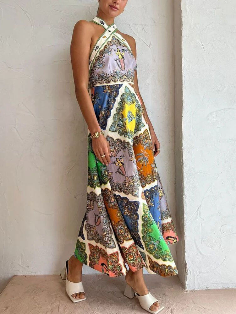 Patchwork Paisley Print Halter Neck A-Line Maxi Dress