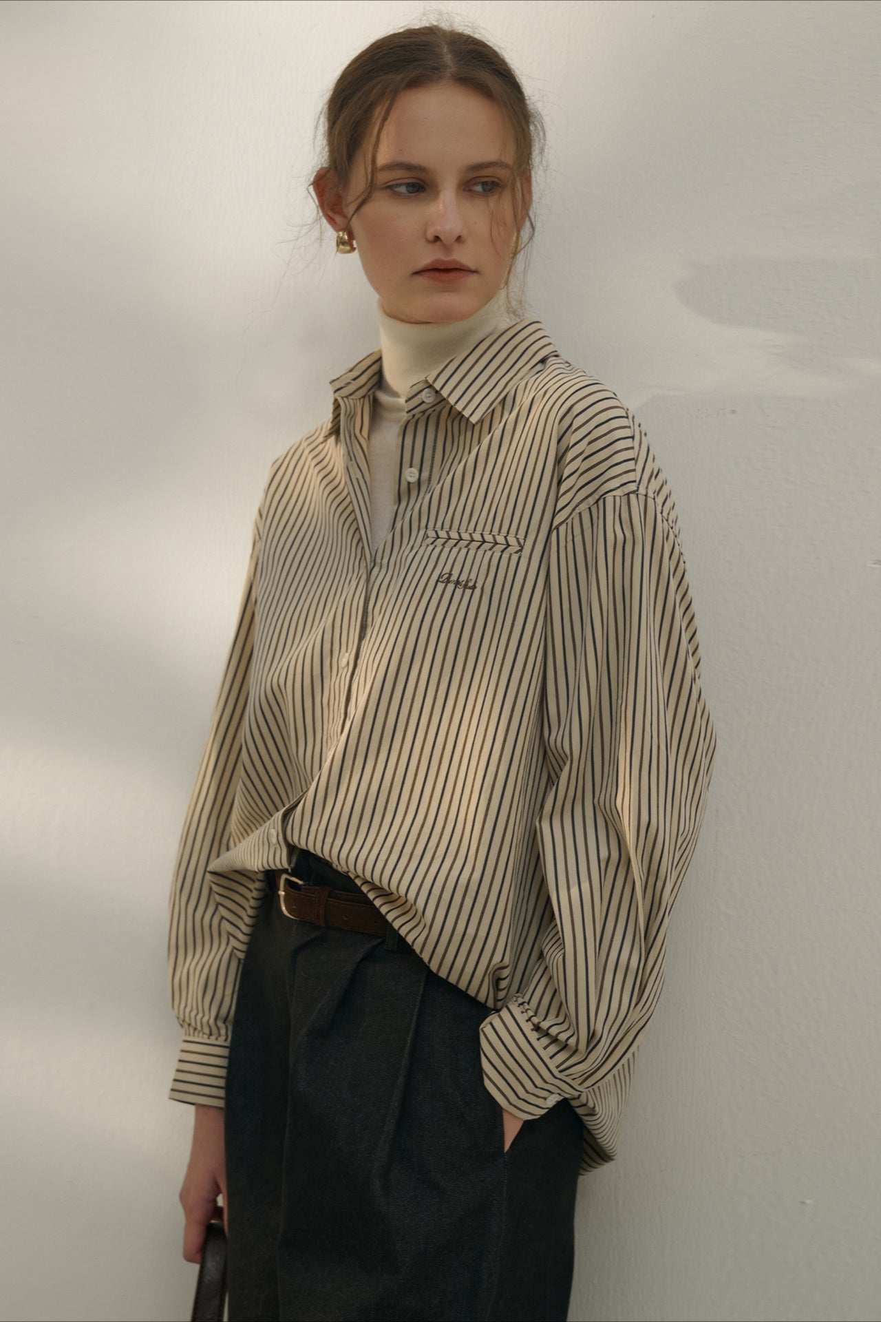 Vintage Color Block Stripe Collar Cotton Blouse
