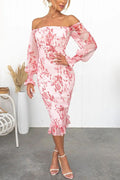 Off Shoulder Smocked Floral Print Sheer Balloon Sleeve Ruffle Hem Midi Dress
