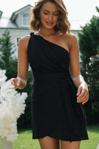One-Shoulder Belted Asymmetrical Cocktail Dress
