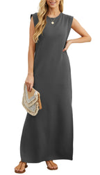 Padded Shoulder Crew Neck Ribbed Column Ankle Length Maxi Dress