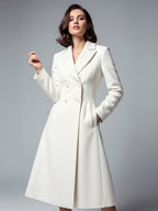 White Woolen Double-Breasted Midi Coat With Sharp Lapel And X-Line For Women 2026