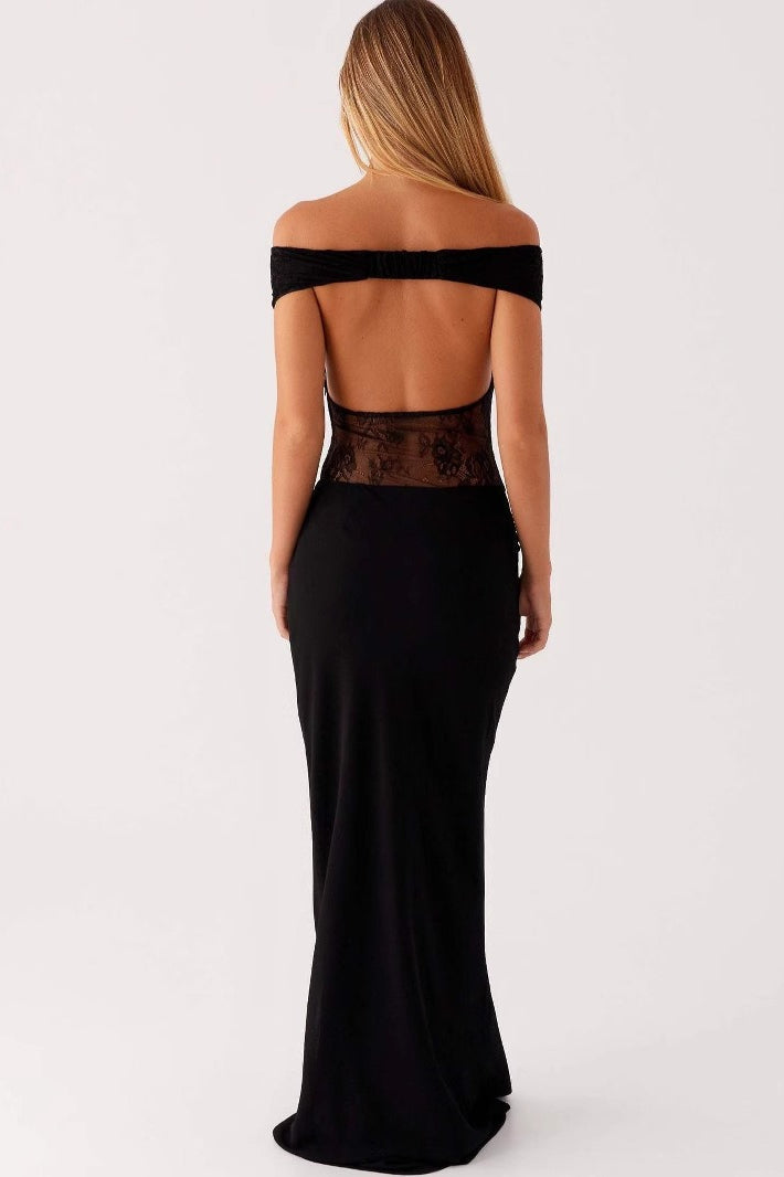 Off Shoulder Sweetheart Lace Paneled Sheer Midriff Column Maxi Dress