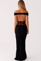 Off Shoulder Sweetheart Lace Paneled Sheer Midriff Column Maxi Dress