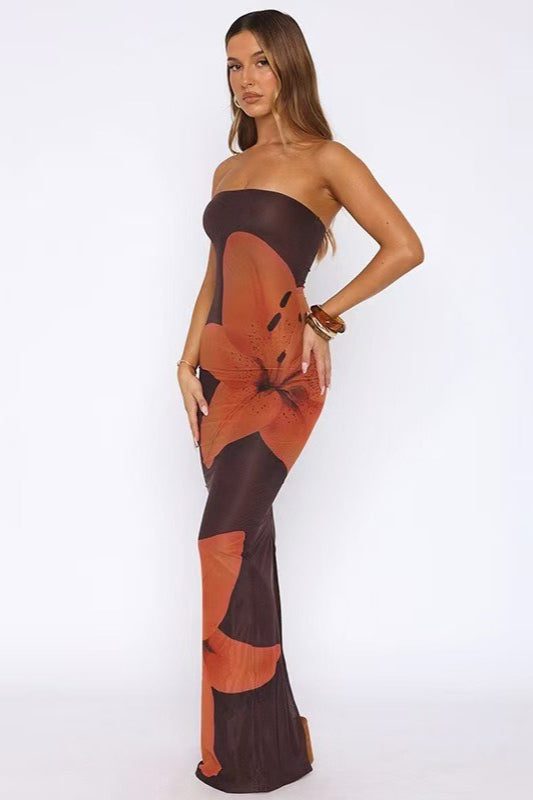 Strapless Large Lily Floral Print Mesh Bodycon Maxi Dress