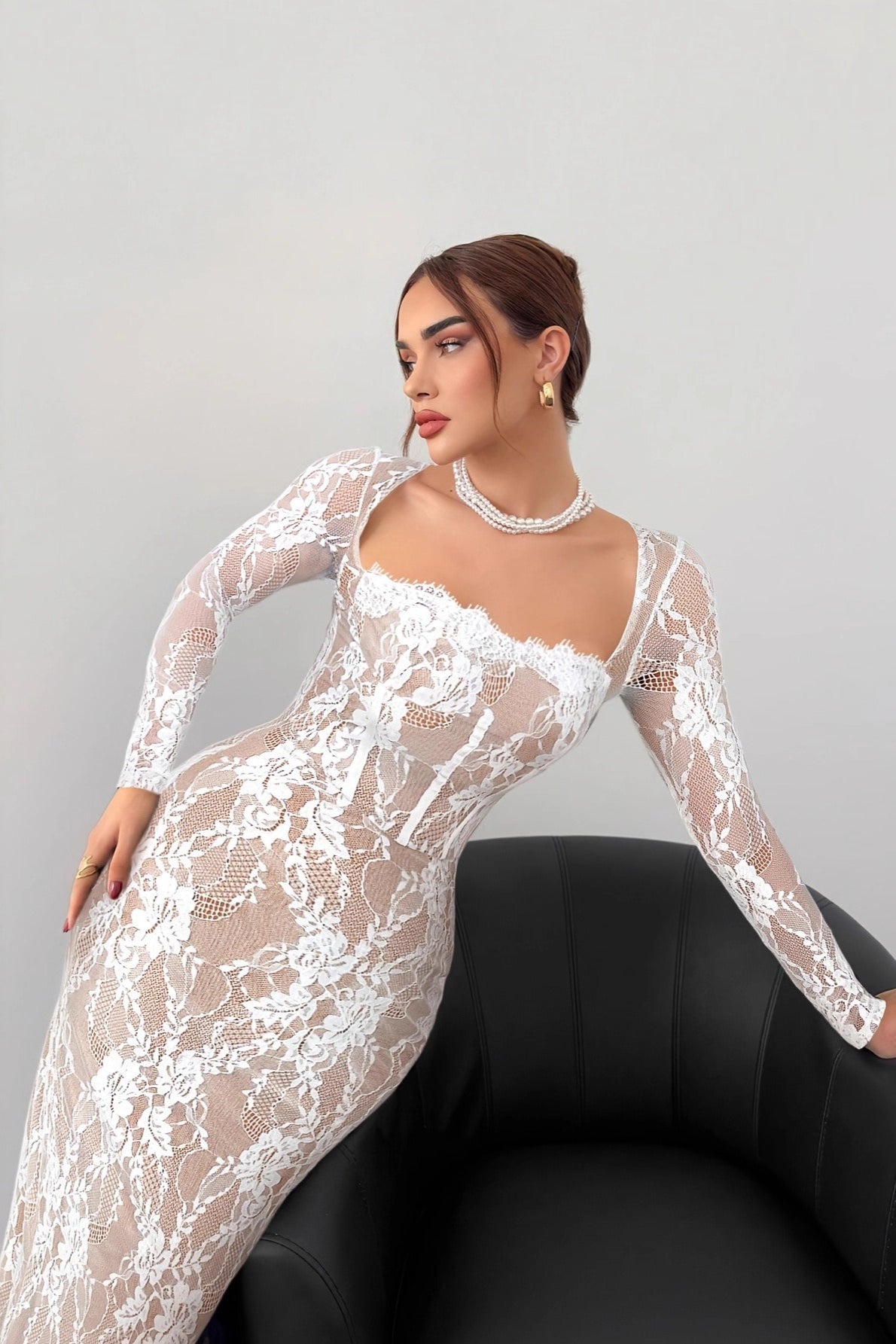 Floral Lace Square Neck Corset Boning Long Sleeve Maxi Dress