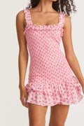Smocked Square Neck Ruffle Trim Wide Strap Tiered Ditsy Floral Mini Dress