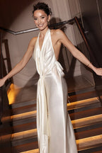 Elegant Draped Neck Backless Slit Long Prom Dress