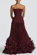 Serafina Strapless Back Lace-up Handcrafted Floral Appliqués Pleated Hem Gown Maxi Dress