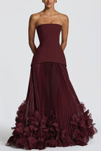 Serafina Strapless Back Lace-up Handcrafted Floral Appliqués Pleated Hem Gown Maxi Dress