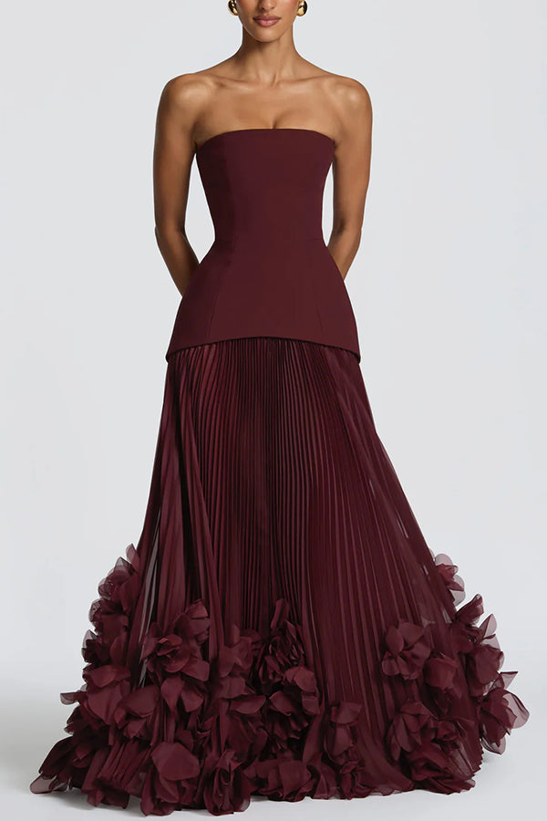 Serafina Strapless Back Lace-up Handcrafted Floral Appliqués Pleated Hem Gown Maxi Dress