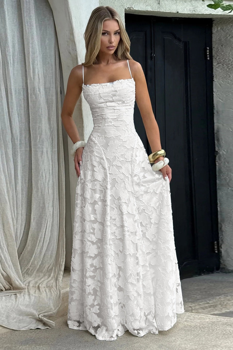 Floral Lace Spaghetti Strap Open Back Tiered Maxi Dress