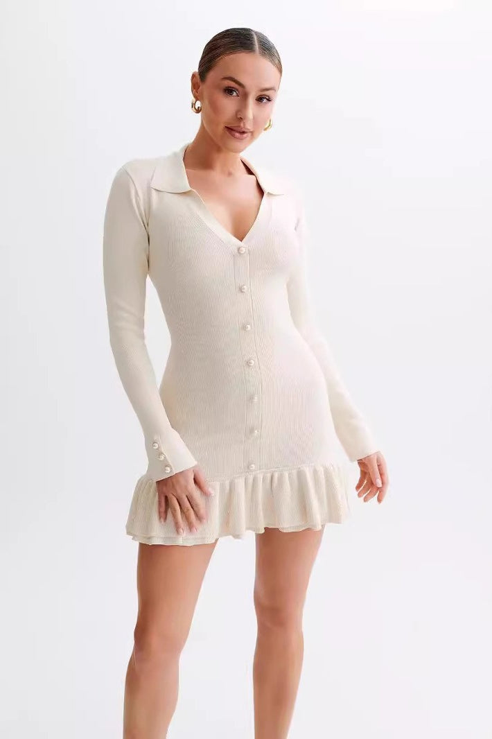 Rib Knit Contrast Collar Pearl Button Ruffle Hem Mini Dress