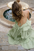 Romantic Summer Chiffon Tiered Ruffle Deep V-Back Halter A-line Maxi Design