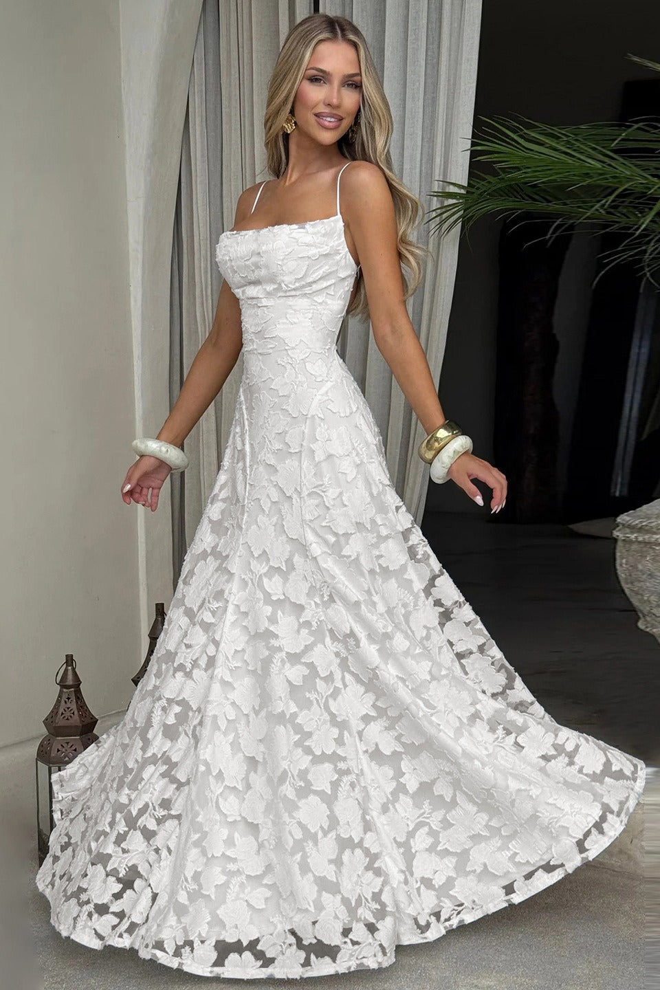 Floral Lace Spaghetti Strap Open Back Tiered Maxi Dress