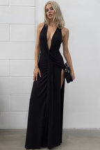Halter Neck Deep V Wrap Ruched High Slit Maxi Dress