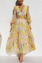 Abstract Floral Print V-Neck Bishop Sleeve Wrap Waist Tiered Maxi Dress