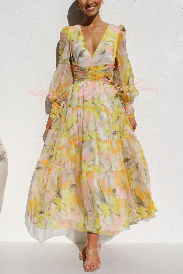 Abstract Floral Print V-Neck Bishop Sleeve Wrap Waist Tiered Maxi Dress
