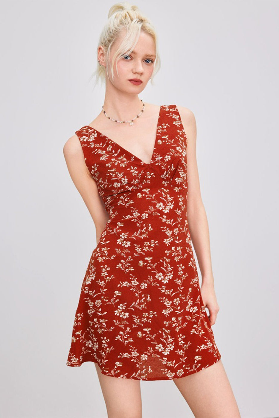 Dainty Floral Print Deep V-Neck Wide Strap A-Line Mini Dress
