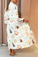 Mandarin Collar Button-Front Puff Sleeve Seashell Starfish Print Belted Maxi Shirt Dress