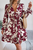 Floral Print Tie Front Deep V-Neck Smocked Waist Tiered Ruffle Mini Dress