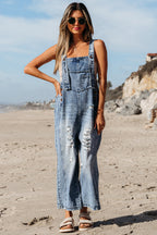 Blue Zone Planet | Stone Blue Distressed Bib Pocket Wide Leg Denim Overall
