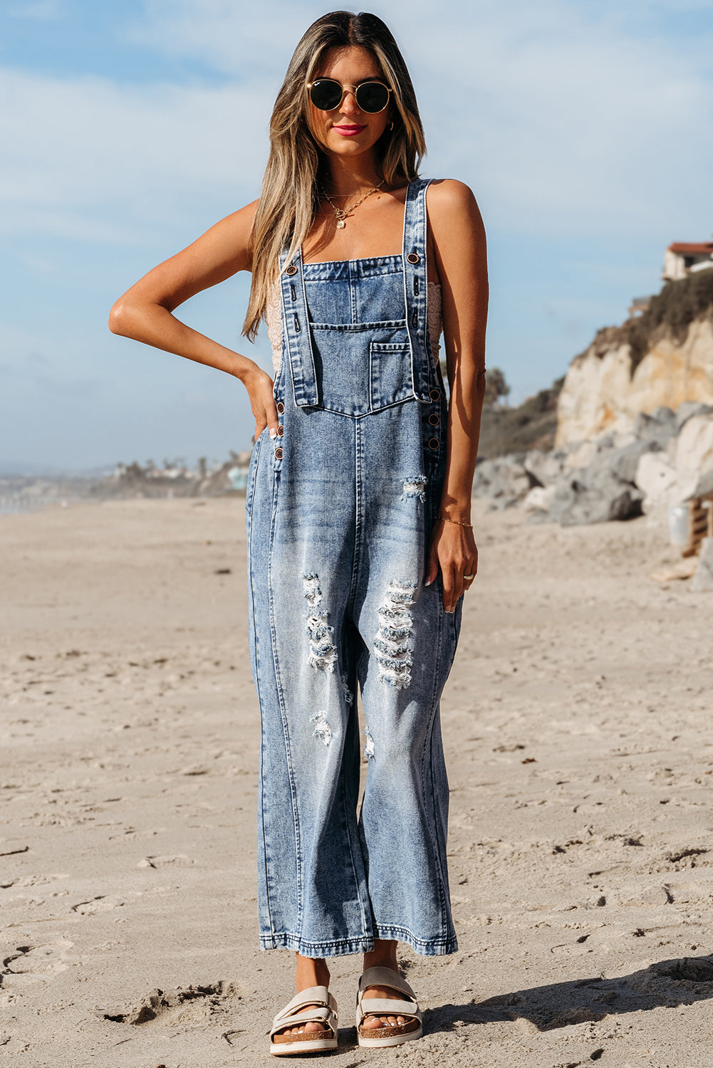 Blue Zone Planet | Stone Blue Distressed Bib Pocket Wide Leg Denim Overall