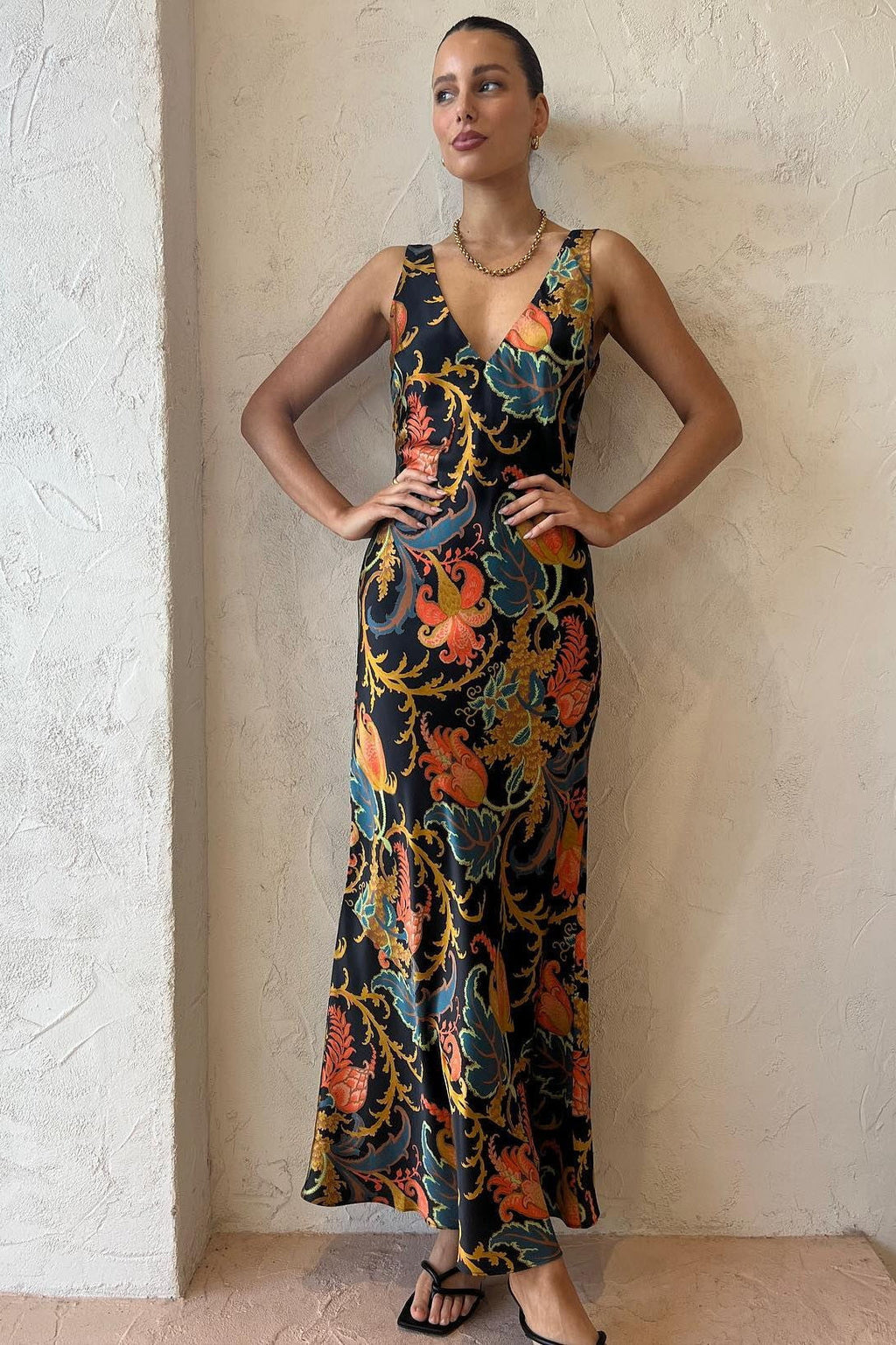 Satin Deep V-Neck Wide Strap Baroque Floral Print Slip Maxi Dress