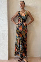 Satin Deep V-Neck Wide Strap Baroque Floral Print Slip Maxi Dress