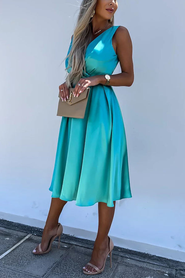 Satin Wrap V-Neck Ruched Waist Fit and Flare Midi Dress
