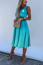Satin Wrap V-Neck Ruched Waist Fit and Flare Midi Dress