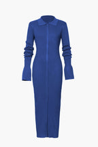 Rib Knit Polo Collar Button Front Flared Cuff Maxi Dress