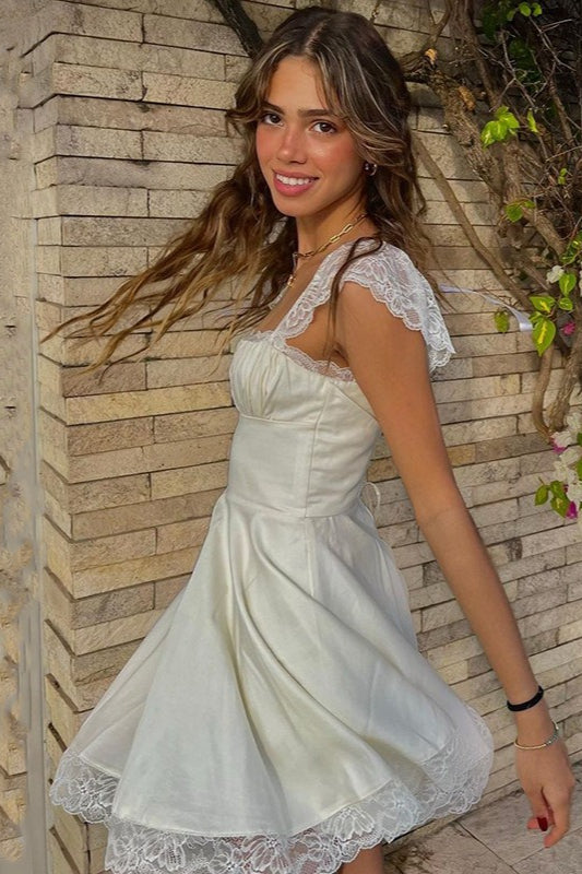 Square Neck Lace Cap Sleeve Ruched Waist Lace Hem Satin Mini Dress