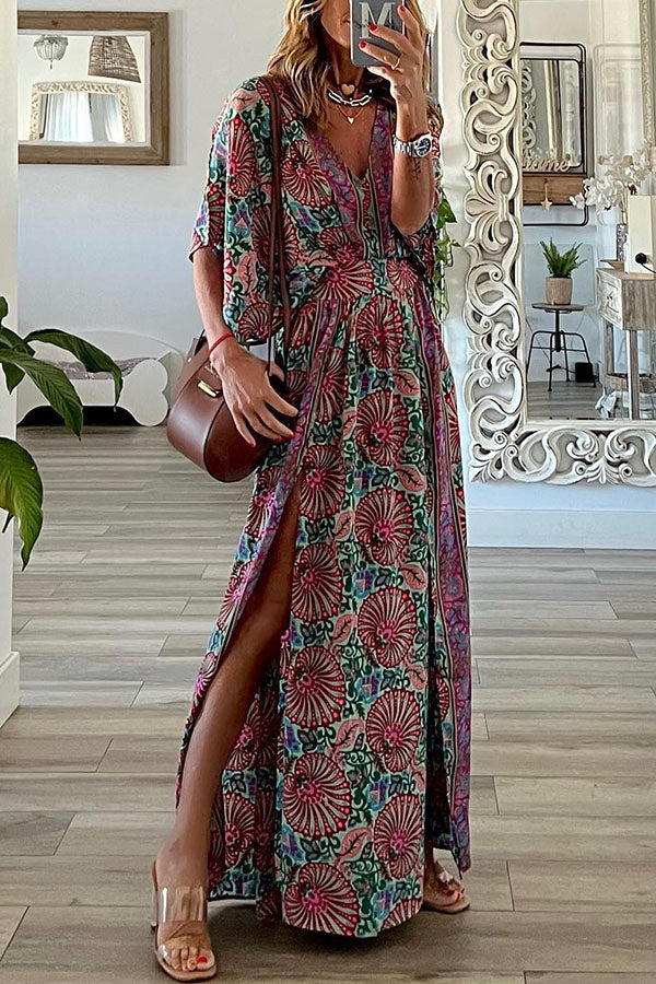 Boho Fan Print V-Neck Kimono Sleeve High Slit Maxi Dress