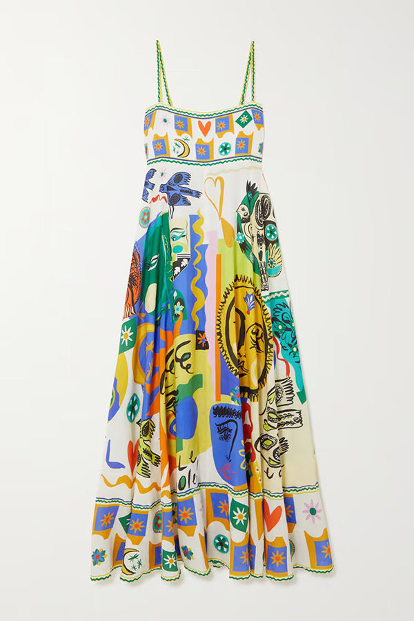 Graphic Print Square Neck Spaghetti Strap Pocket A-Line Maxi Dress