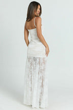 Lace Sweetheart Spaghetti Strap Ruched Bustier High Split Mermaid Maxi Dress