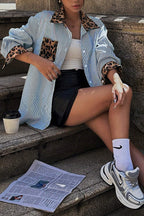 Stylish Striped Leopard Print Patchwork Loose Casual Long-sleeved Shirt