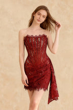 Lace Strapless Corset Eyelash Trim Draped Sash Mini Dress