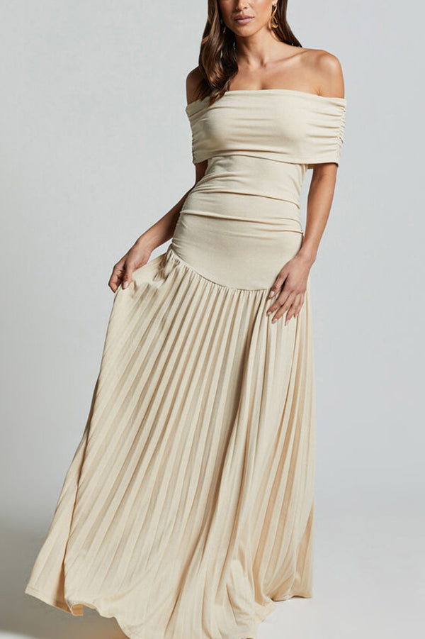 Off Shoulder Dropped Waist Accordion Pleated Maxi Dress