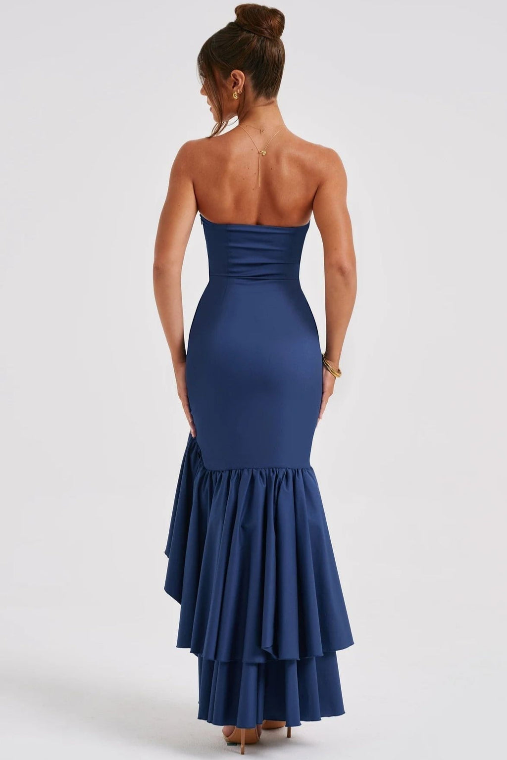 Strapless Corset Bustier High Split Ruffle Hem Maxi Dress