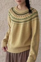 Fair Isle Pattern Loose Crew Neck Color Block Minimalist Sweater