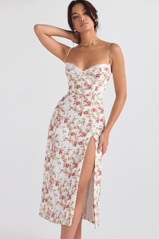 Spaghetti Strap Sweetheart Lace Trim Corset Bodice High Slit Midi Dress